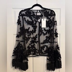 Anthropologie Endless Rose Mesh Floral Appliqué Lace Fringe Cuff Top Medium